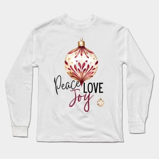 Peace Love and Joy with Maroon and Ivory Holiday Christmas Ornaments and Script Long Sleeve T-Shirt